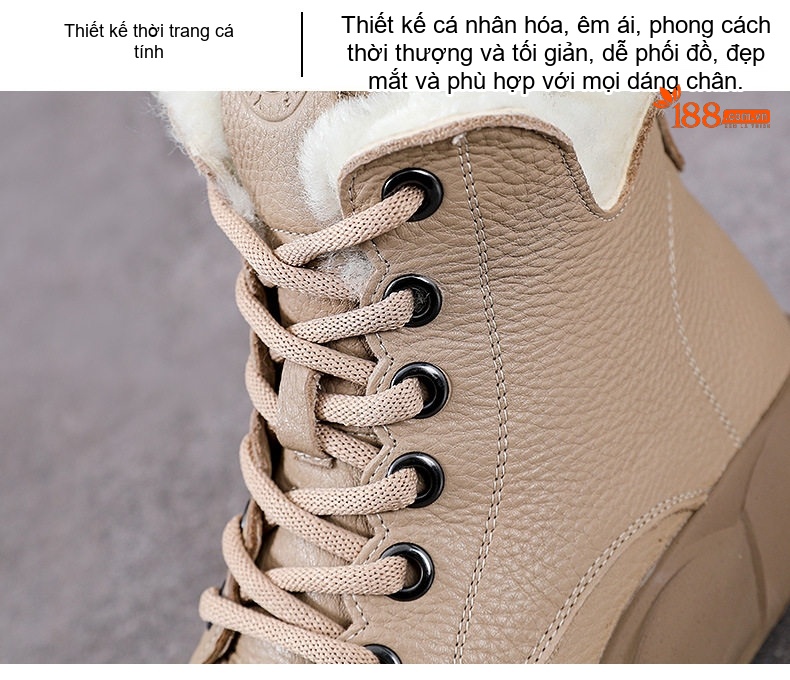 Giày Boot Nữ Da Bò Lót Lông Cừu Non Cổ Cao Dây Buộc Chiều Cao Đế Khoảng 5cm Màu Be, Đen chi tiết 7