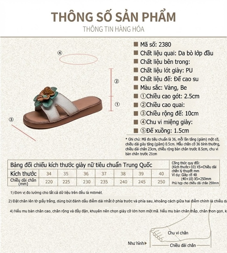 Dép Quai Ngang Nữ Da Bò Trang Trí Hoa Chiều Cao Đế Khoảng 2cm Màu Nâu, Trắng chi tiết 2