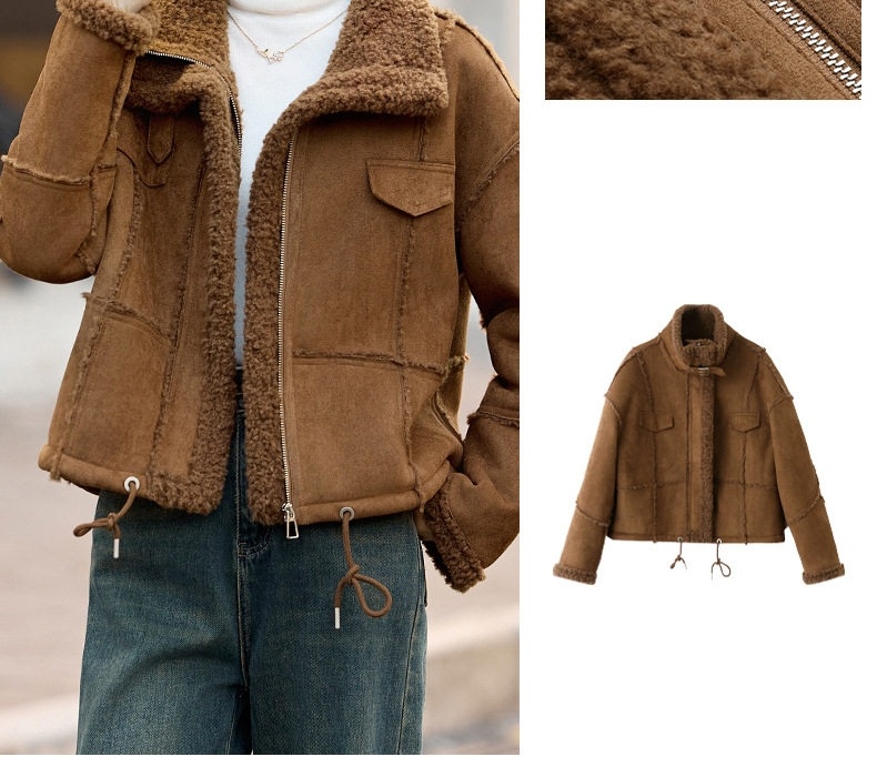 Áo Khoác Lông Cừu Non Nữ Lót Nhung Dày Dặn Kiểu Bomber Da Lộn Màu Be, Nâu chi tiết 5