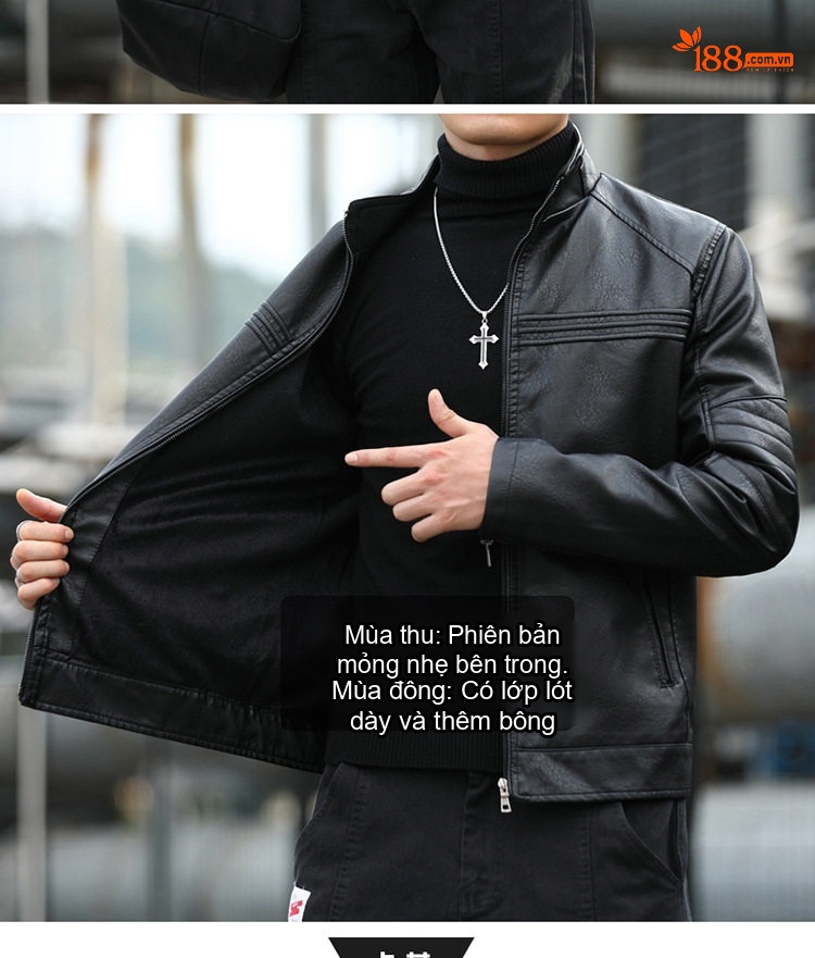 Áo Khoác Da PU Nam Dáng Ôm Phong Cách Hàn Quốc Màu Đen, Xám, Nâu, Vàng chi tiết 9