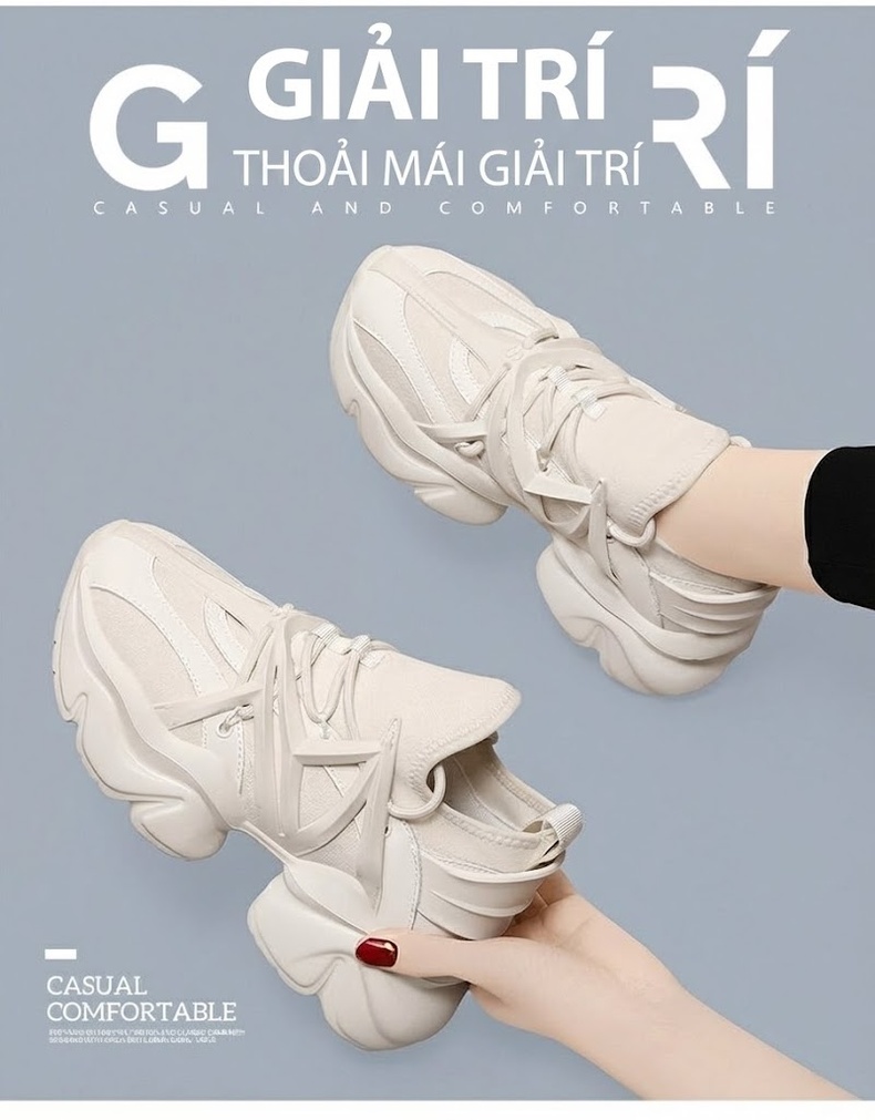 Giày Sneaker Nữ Đế Dày Phong Cách Ins Chiều Cao Đế Khoảng 5cm Màu Đen, Trắng Kem chi tiết 2