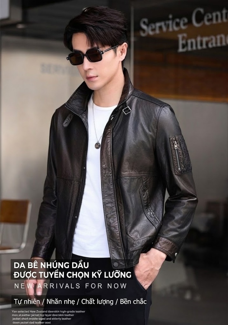 Áo Khoác Da Thật Nam Dáng Ôm Ngắn Kiểu Motor Da Bò Màu Đen chi tiết 1