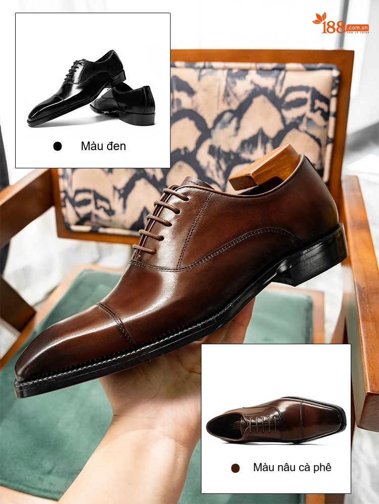 Giày Tây Buộc Dây Nam Da Bò Mũi Vuông Chiều Cao Đế Khoảng 3cm Màu Đen, Nâu chi tiết 2