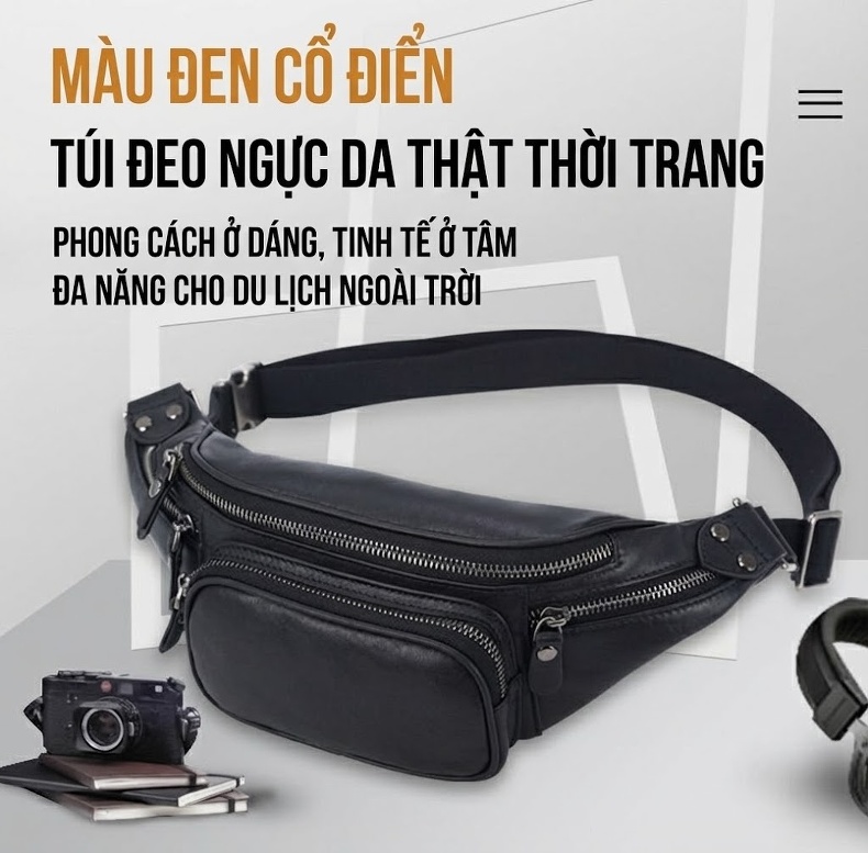 Túi Đeo Ngực/Bụng/Vai Nam Da Bò Thật Thời Trang, Đa Năng Màu Đen chi tiết 1