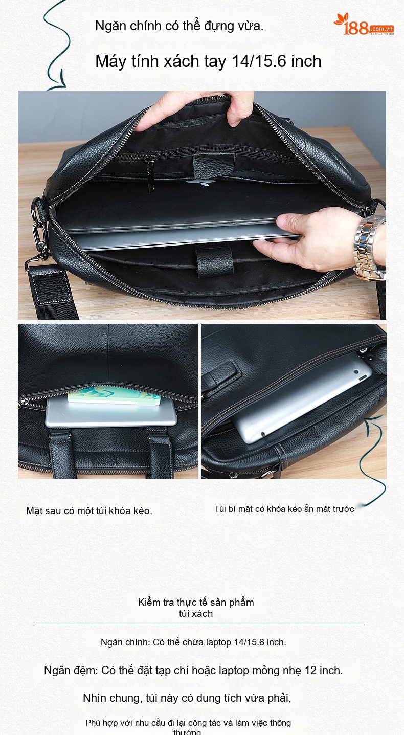 Cặp Túi Xách Công Sở Nam Da Bò Lớp Đầu Đựng Laptop, Túi Đeo Chéo Đựng Tài Liệu Màu Đen chi tiết 13