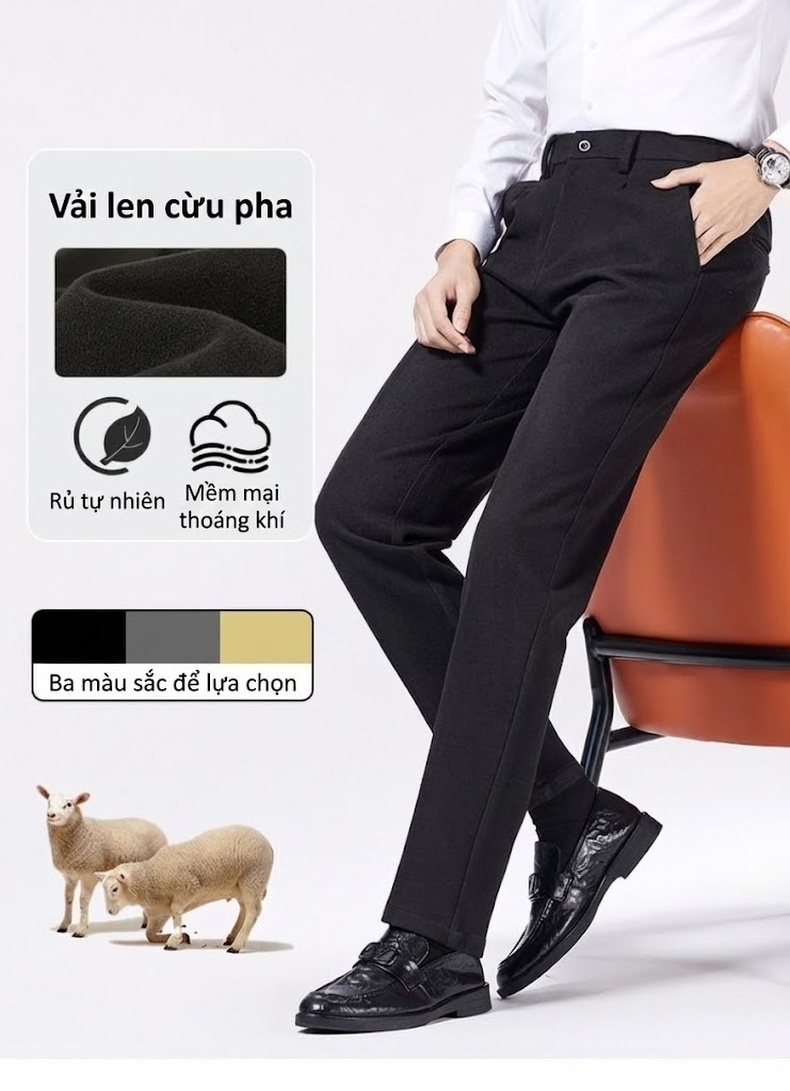 Quần Tây Nam Dáng Thẳng Dài Vải Pha Len Cao Cấp Chống Nhăn Màu Đen, Xám, Be chi tiết 1