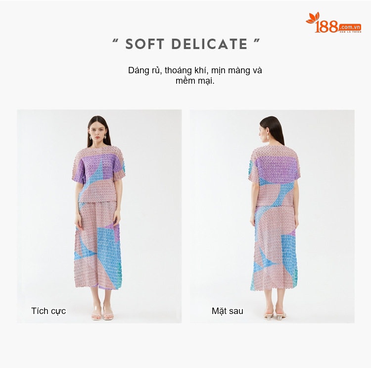 Set Bộ Nữ Áo Thun Tay Ngắn và Chân Váy Midi Xếp Ly Dáng Rộng Hoạ Tiết Màu Tím, Xanh Dương, Hồng, Vàng chi tiết 5