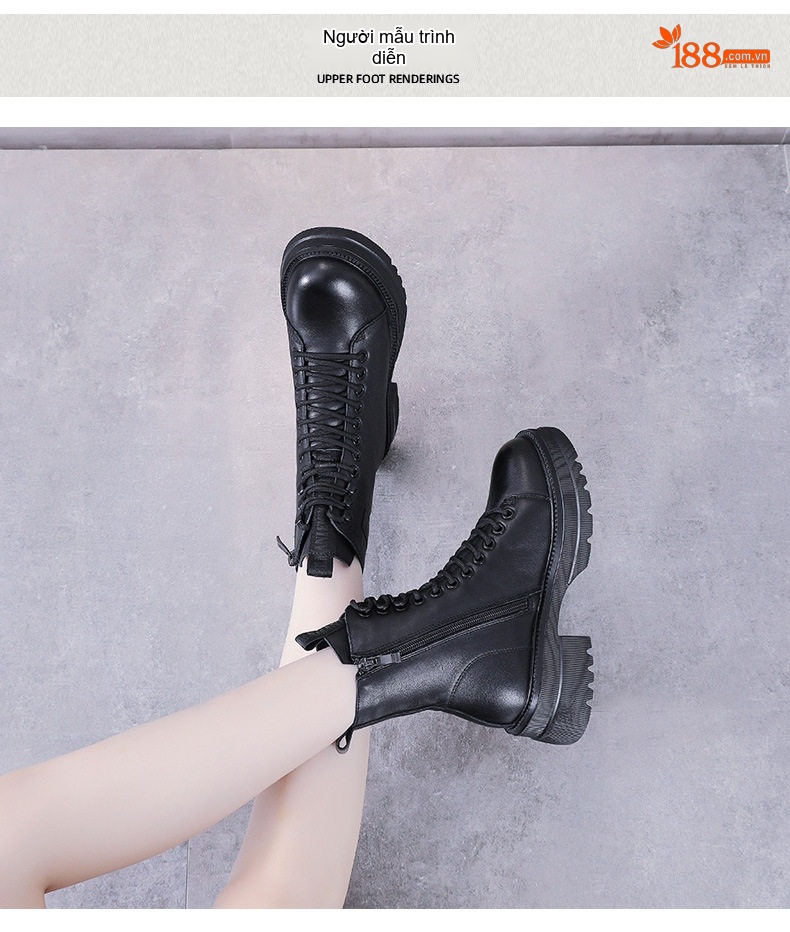 Boot Nữ Da Bò Cổ Ngắn Dây Buộc Chiều Cao Đế Khoảng 5cm Màu Nâu, Đen chi tiết 8