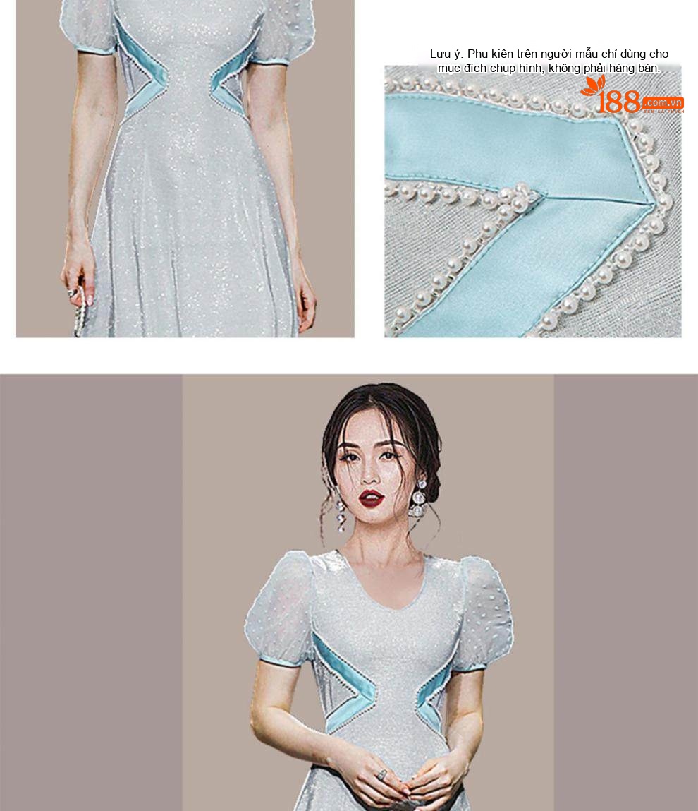 Váy liền thân Nữ Cổ chữ V Tay Bồng Thiết Kế Ôm Eo Dáng Xòe Màu Trắng chi tiết 3