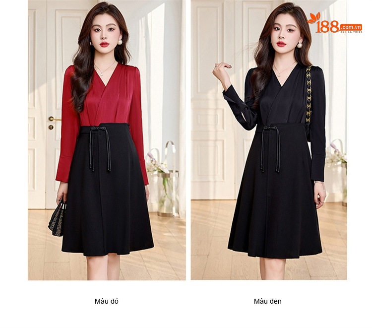 Váy liền thân Nữ Cổ chữ V Trung Dài Tay Thiết Kế Thắt Eo Tôn Dáng Thoáng Khí Màu Đen, Đỏ, Tím, Be chi tiết 12