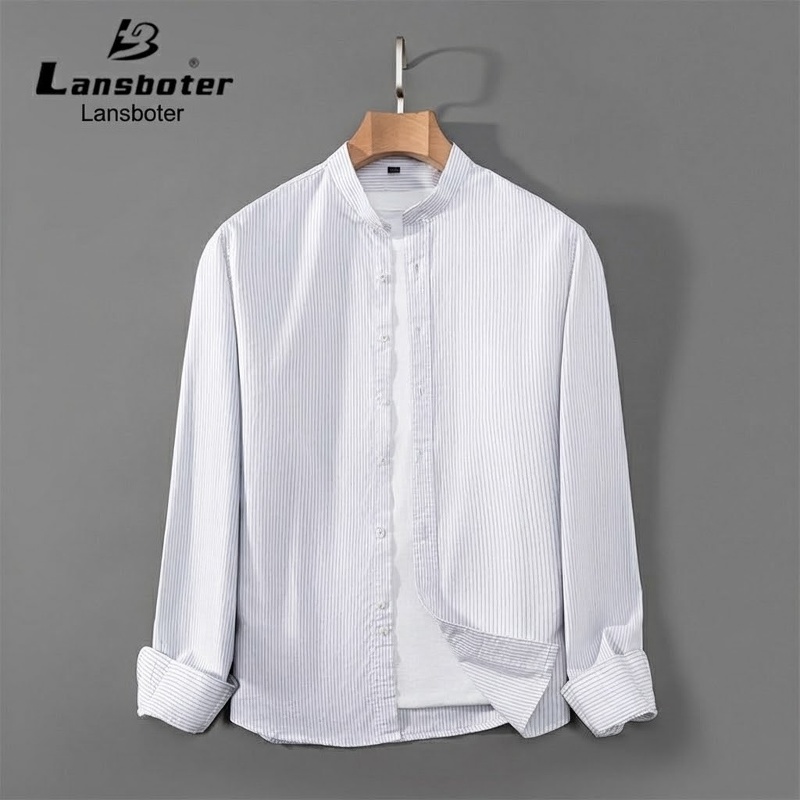 Áo Sơ Mi Nam Tay Dài Cotton Kẻ Sọc Cổ Trụ Form Slimfit Màu Xanh Dương, Trắng, Xám, Xanh...