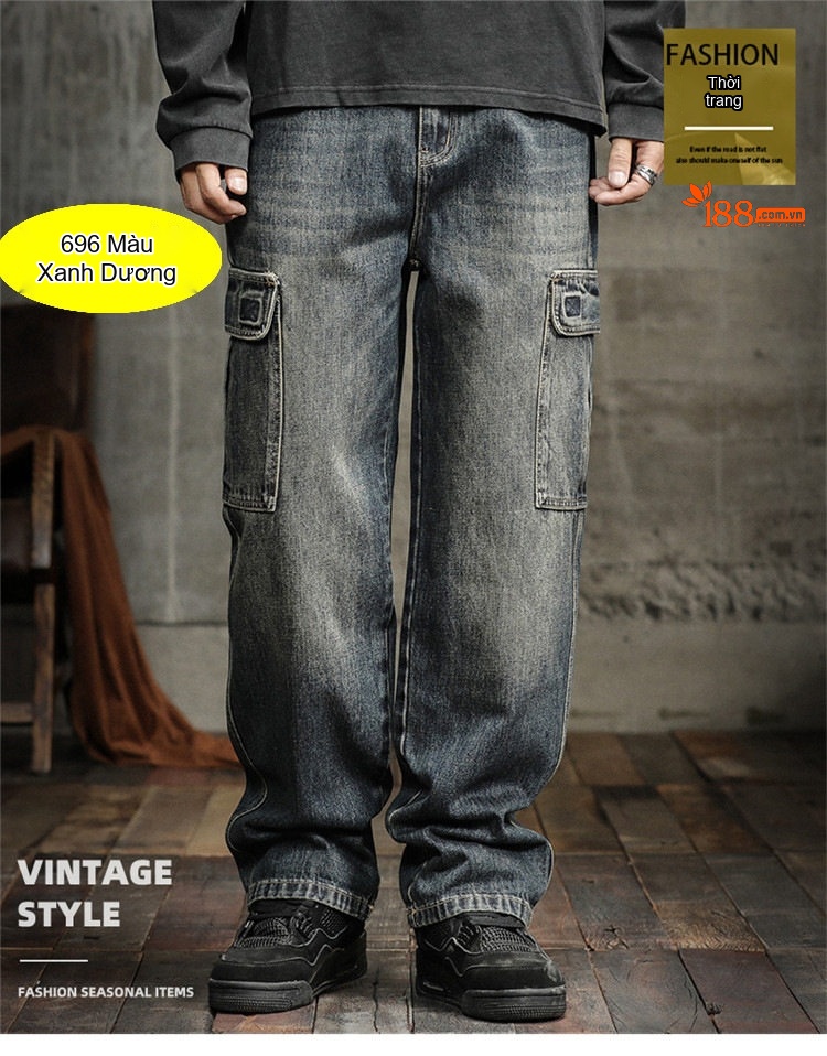 Quần Jean Cargo Nam Ống Rộng Thẳng Lưng Thun Co Giãn Nhiều Túi Phong Cách Retro Màu Xám Đen chi tiết 18