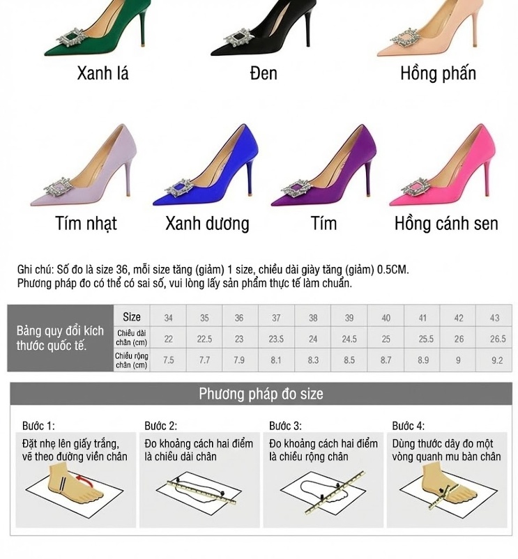 Giày Cao Gót Nữ Mũi Nhọn Đính Đá Chiều Cao Đế Khoảng 8cm Màu Tím, Hồng, Xanh Lá, Đen... chi tiết 1