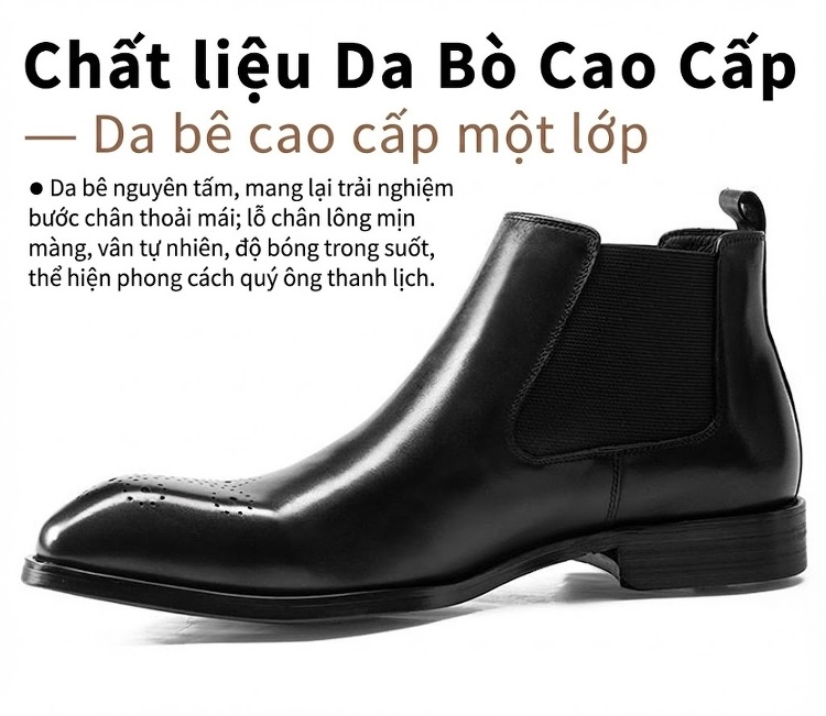 Giày Chelsea Boot Nam Da Bóng Cổ Cao Họa Tiết Chiều Cao Đế Khoảng 3cm Màu Đen, Nâu chi tiết 4