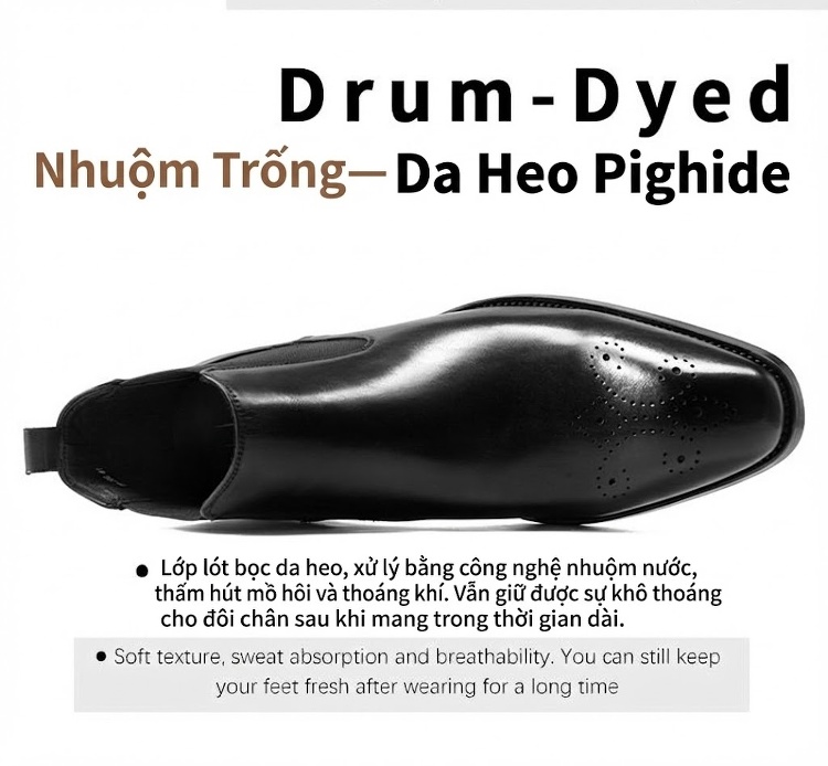 Giày Chelsea Boot Nam Da Bóng Cổ Cao Họa Tiết Chiều Cao Đế Khoảng 3cm Màu Đen, Nâu chi tiết 5