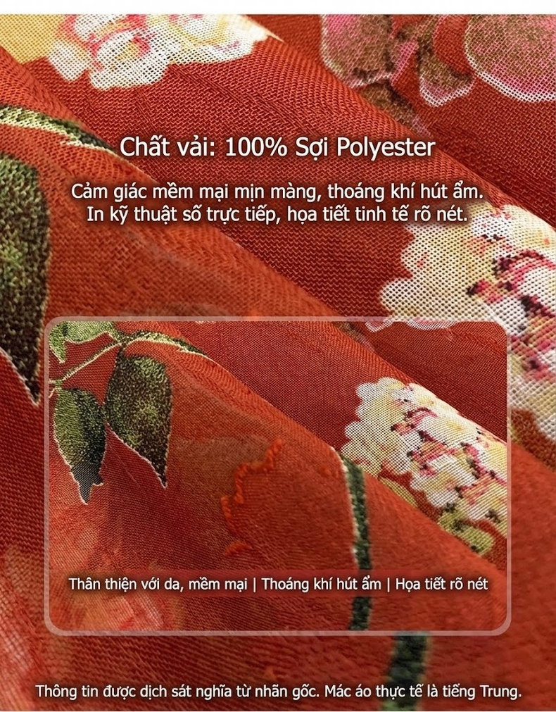 Váy Tea Dress Nữ Họa Tiết Hoa Cổ Điển Thắt Dây Eo Nhún Bèo Màu Nâu Đỏ chi tiết 2