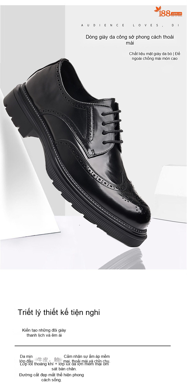 Giày Tây Buộc Dây Nam Da Bò Brogue Chiều Cao Đế Khoảng 4cm Màu Đen, Nâu chi tiết 2