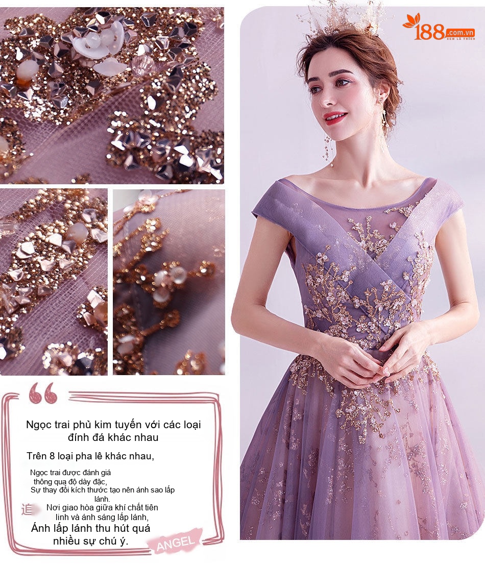 Váy Dạ Hội Dáng Dài Tay Ngắn Màu Tím Đính Hoa Trang Trọng chi tiết 3
