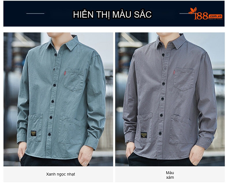 Áo Sơ Mi Tay Dài Nam Cotton Dáng Rộng Phong Cách Hồng Kông Màu Be, Xanh, Nâu, Đen chi tiết 9