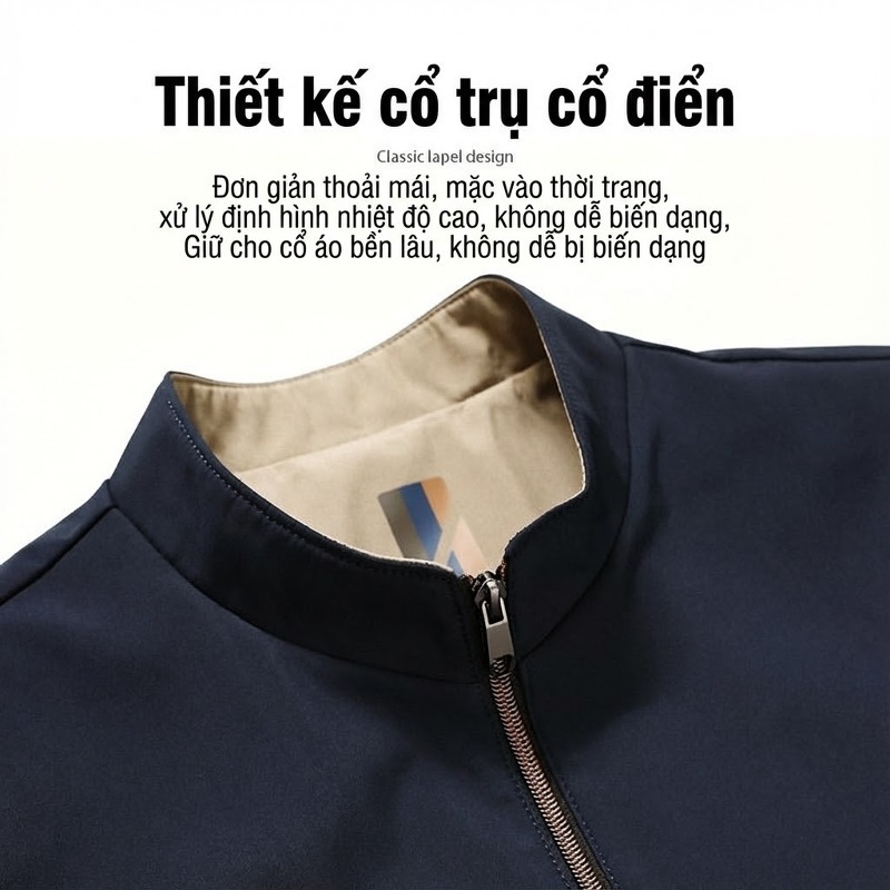 Áo Khoác Nam Lót Lông Dày Dặn Cổ Trụ Phong Cách Doanh Nhân Màu Xanh Navy, Be