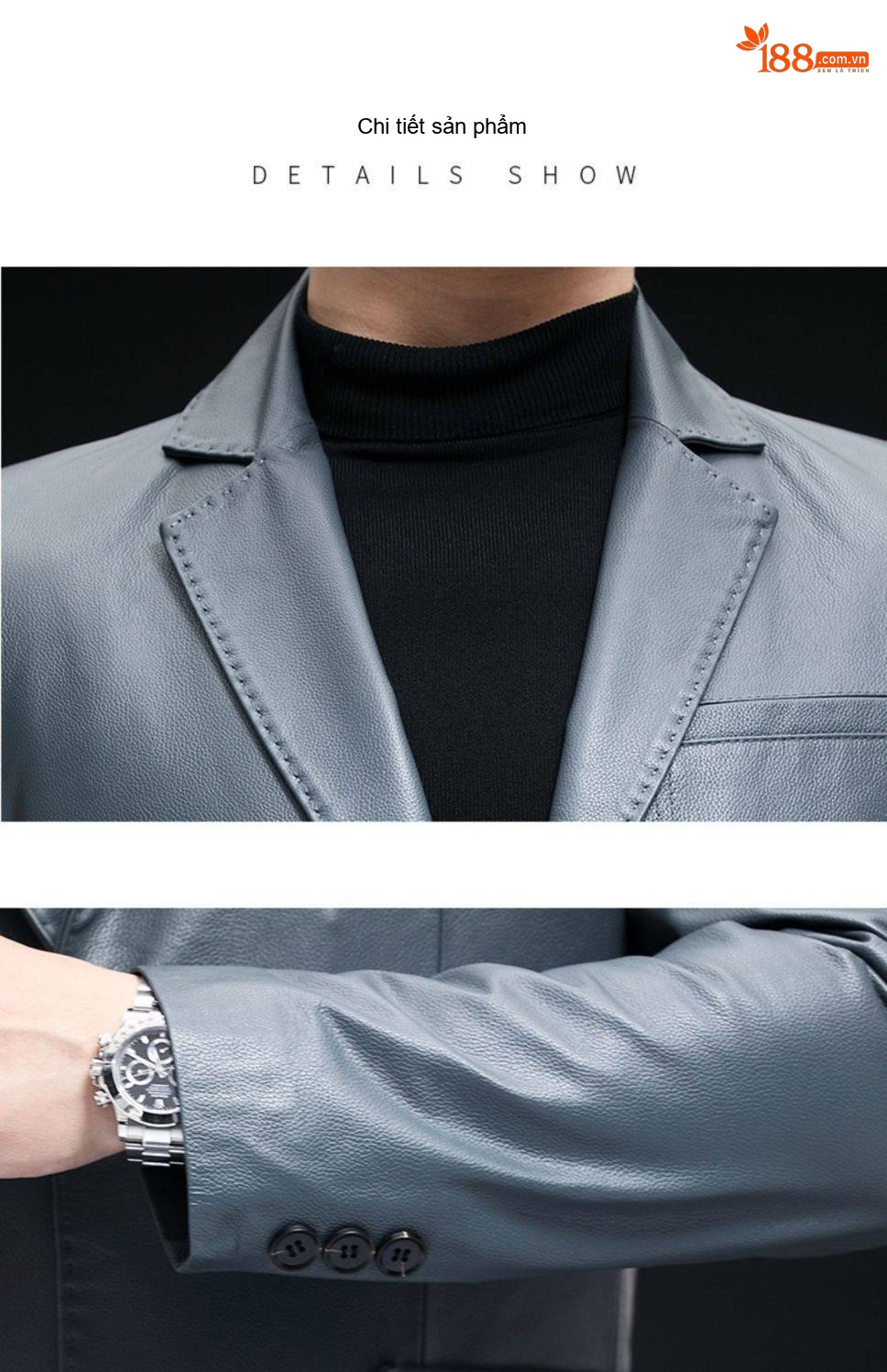 Áo Khoác Da Bò Nam Dáng Vest Thanh Lịch Màu Xám, Đỏ Rượu chi tiết 20