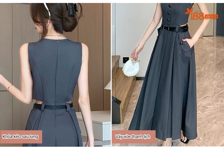 Váy liền thân Nữ Không Tay Thiết Kế Áo Vest Giả Kèm Chân Váy Xếp Ly Màu Xám, Đen chi tiết 5