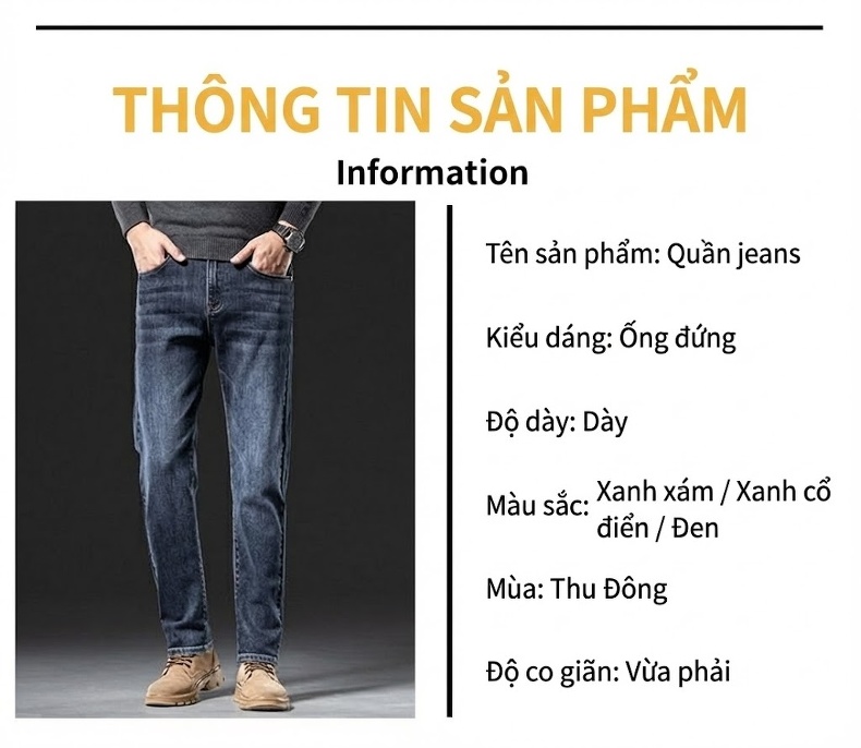 Quần Jean Nam Ống Đứng Co Giãn Nhẹ Phong Cách Business Màu Xanh Đen, Đen chi tiết 12