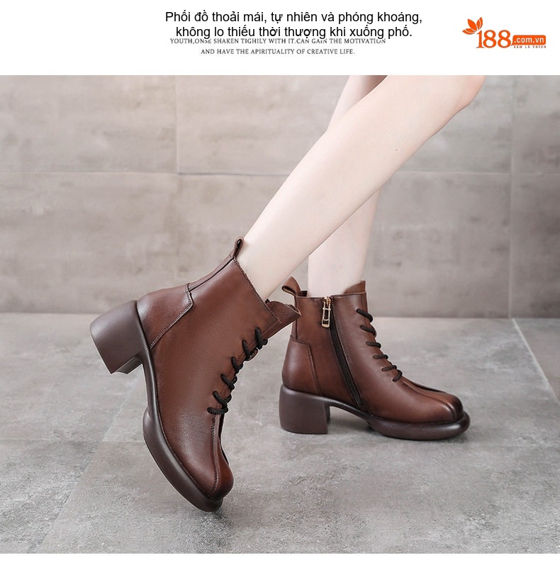 Boot Martin Nữ Da Bò Cổ Ngắn Gót Vuông Chiều Cao Đế Khoảng 5cm Màu Nâu, Đen chi tiết 14