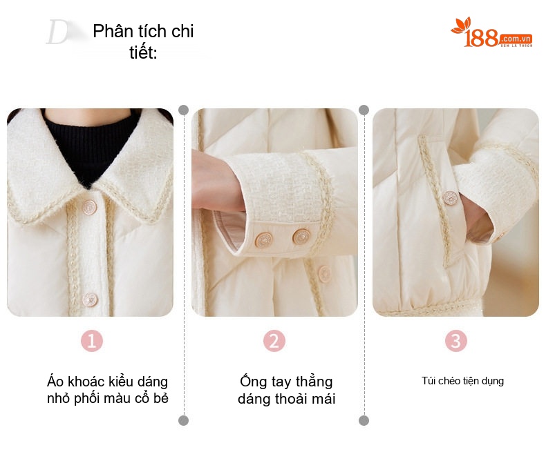 Áo Khoác Phao Nữ Ngắn Tay Phong Cách Tiểu Thư Sang Trọng Màu Trắng Kem, Đen chi tiết 14