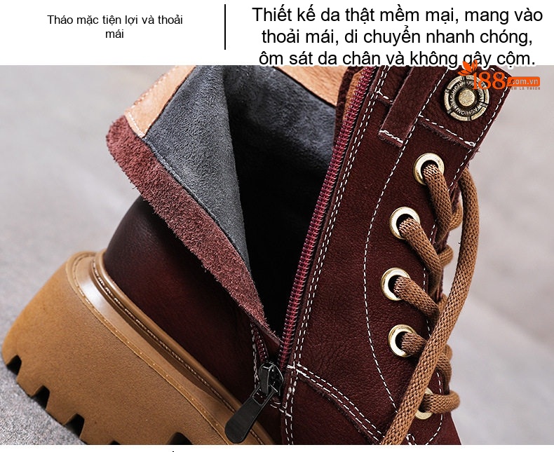 Boot Martin Nữ Da Bò Cổ Cao Đế Dày Phong Cách Retro Chiều Cao Đế Khoảng 5cm Màu Nâu, Đen, Đỏ... chi tiết 8