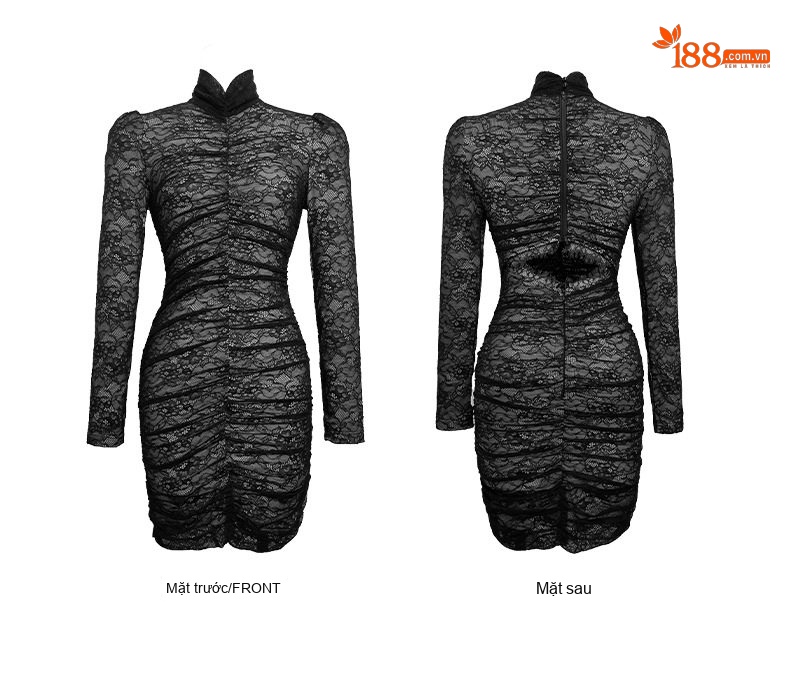 Váy Ôm Body Nữ Dài Tay Cổ Lửng Ren Họa Tiết Gân Nhún Màu Đen chi tiết 6