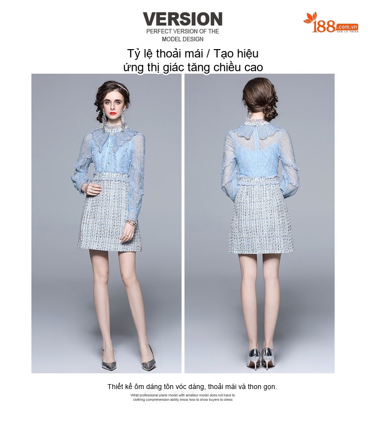 Đầm Xòe Nữ Cổ Ren Đính Cườm Tay Dài Họa Tiết Hoa Nổi Màu Xanh, Trắng chi tiết 4