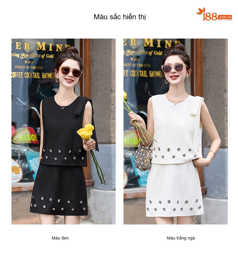 Set Bộ Áo Không Tay Và Chân Váy Ngắn Phong Cách Tiểu Thư Thanh Lịch Màu Trắng, Đen chi tiết 4