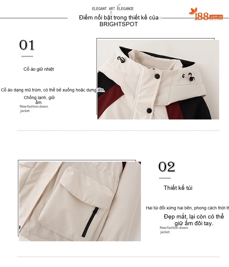 Áo Khoác Phao Nữ Dáng Dài Vừa Người Kiểu Parka Công Sở Lót Lông Vịt Màu Kem, Đỏ, Đen chi tiết 9