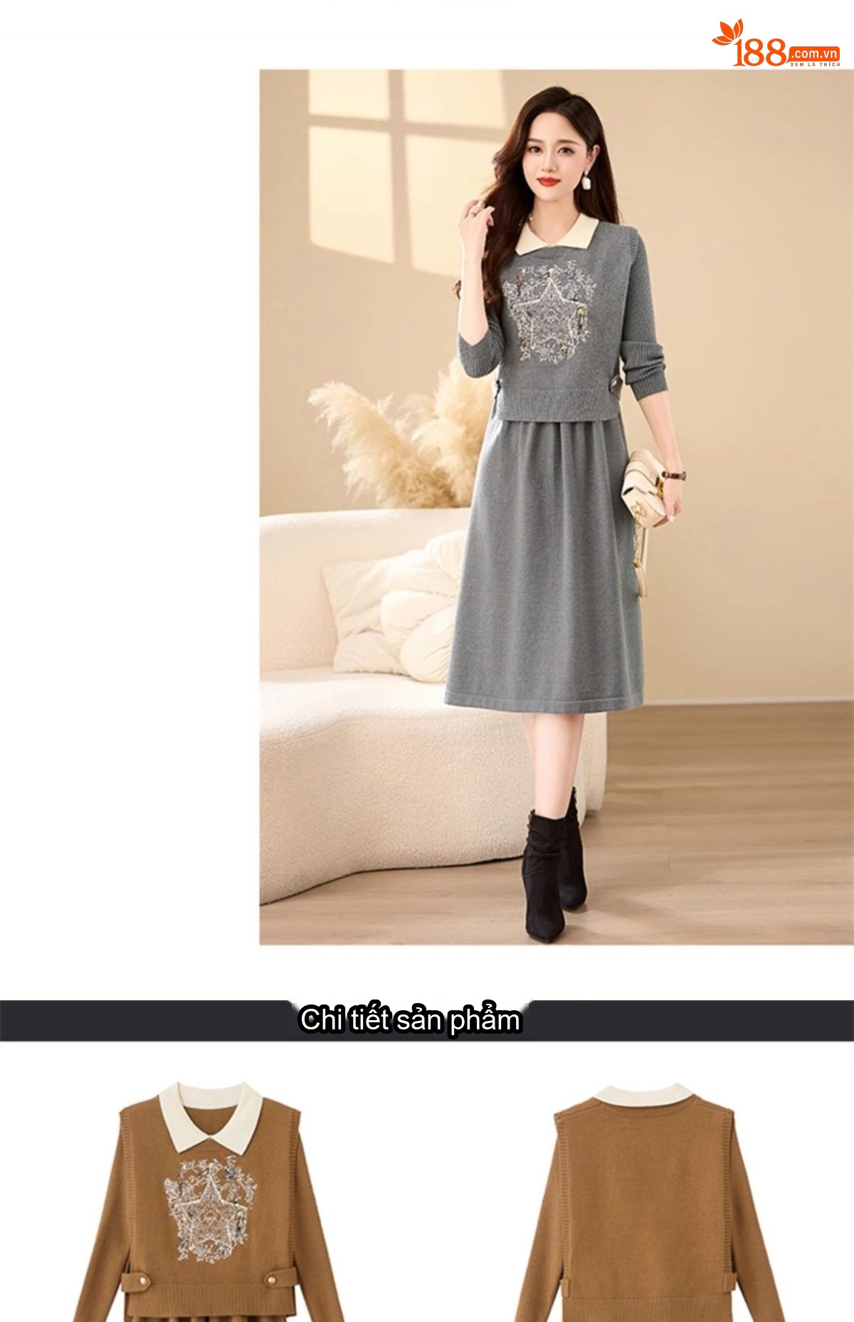Set Bộ Dệt Kim Áo Và Chân Váy Dáng Dài Thêu Họa Tiết Phong Cách Thời Trang Màu Nâu, Xám chi tiết 34