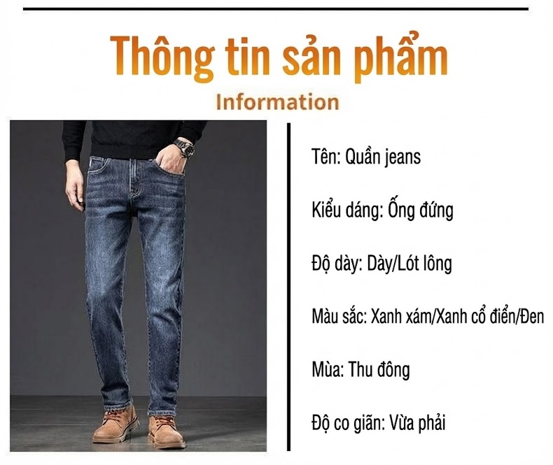Quần Jean Nam Ống Đứng Co Giãn Lót Lông Cừu Dày Dặn Màu Xanh Dương Đậm chi tiết 16