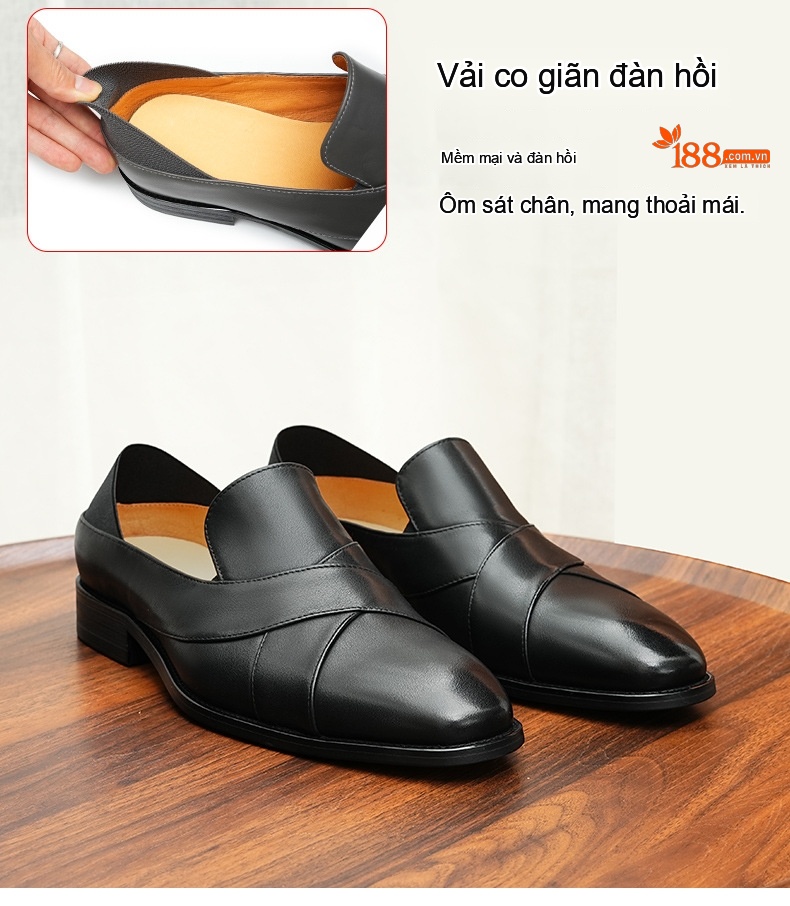 Giày Lười Nam Da Bò Mũi Tròn Chiều Cao Đế Khoảng 3cm Màu Đen chi tiết 4
