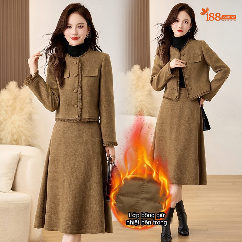 Set Áo Khoác Lửng Tay Dài Cổ Tròn và Chân Váy Midi A Line Trám Bông Dày Dặn Màu Nâu, Đỏ
