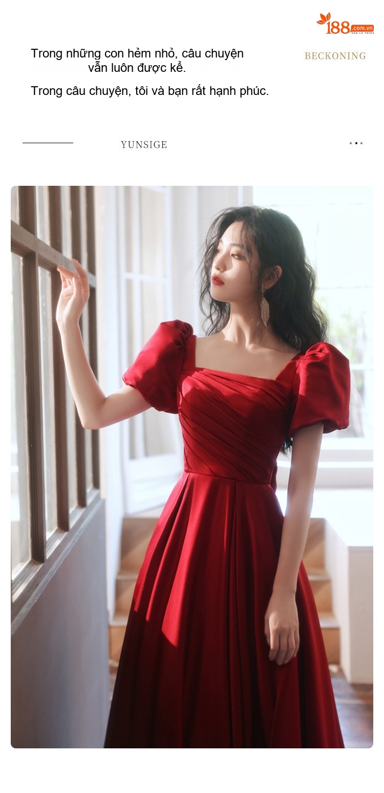 Váy Dạ Hội Nữ Tay Bồng Cổ chữ Vuông Dáng Dài Phù Hợp Đám Hỏi, Ăn Tiệc Màu Đỏ chi tiết 10