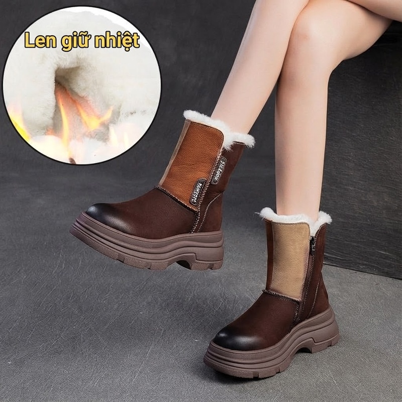 Boot Nữ Cổ Lửng Lót Lông Cừu Đế Dày Phong Cách Retro Chiều Cao Đế Khoảng 5cm Màu Nâu, Xanh Lá