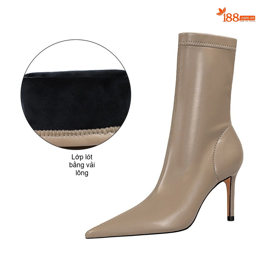 Boot Nữ Cổ Lửng Da Bóng Gót Nhọn Chiều Cao Đế Khoảng 7cm Màu Đen, Nâu, Kem