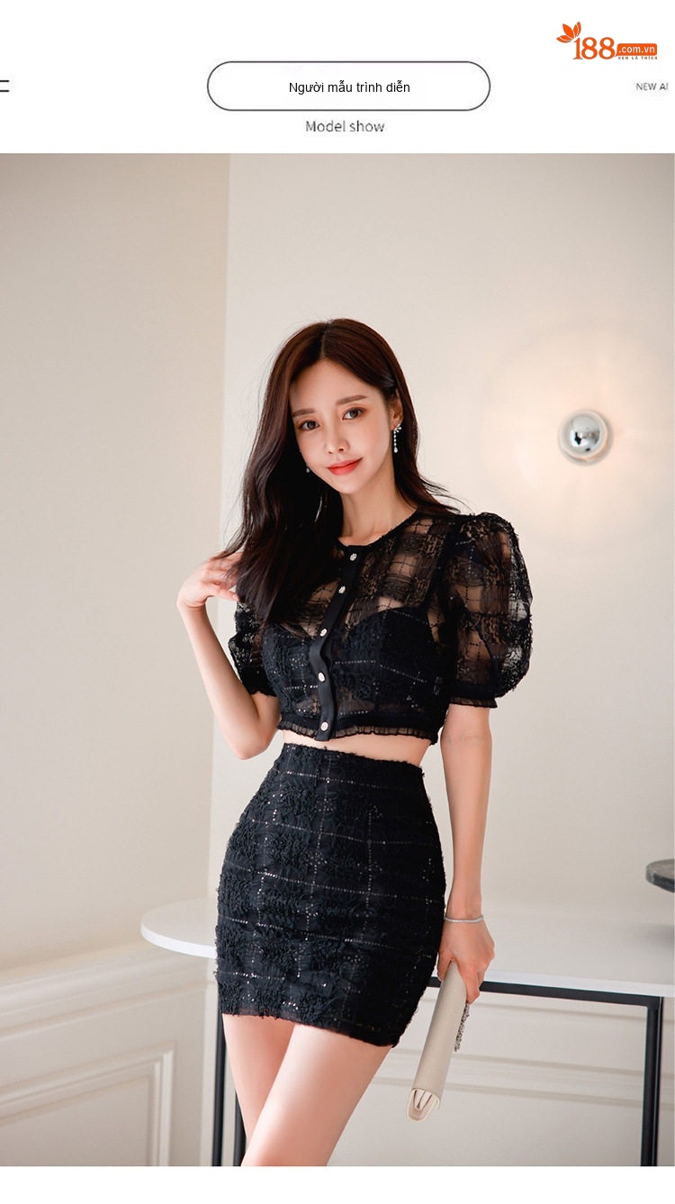 Set Áo Ren Lưới Croptop Tay Ngắn Quần Chân Váy Ngắn Ôm Eo Màu Đen chi tiết 7