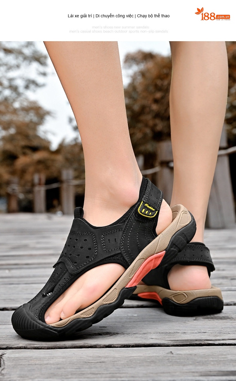 Dép Sandal Nam Da Thật Bít Mũi Thoáng Khí Chiều Cao Đế Khoảng 3cm Màu Nâu, Xám, Đen chi tiết 23