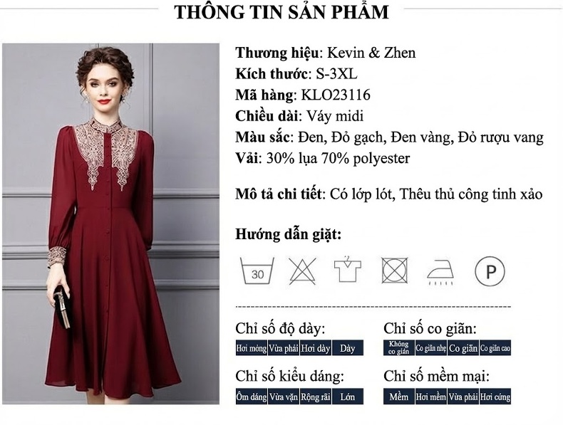 Váy dáng chữ A Nữ Cổ Trụ Tay Dài Thêu Họa Tiết Che Bụng Tôn Dáng Màu Đỏ Rượu Vang chi tiết 19