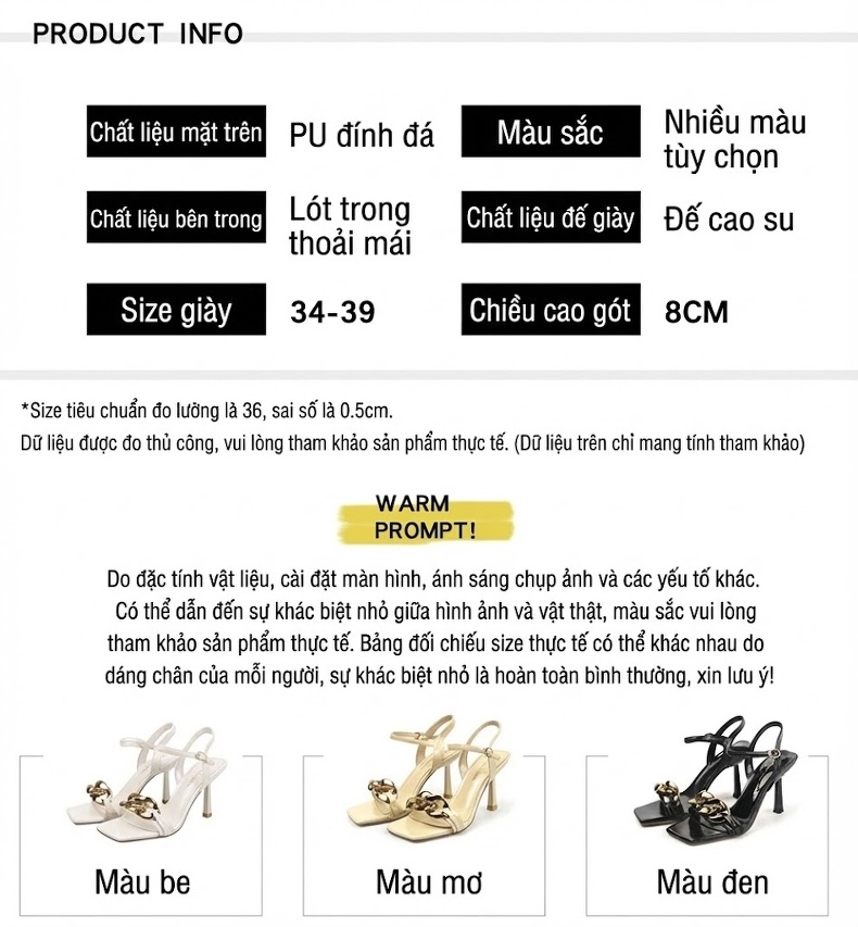 Giày Sandal Cao Gót Nữ Quai Ngang Mũi Vuông Đính Xích Gót Cao 8cm Màu Trắng, Kem, Đen chi tiết 10
