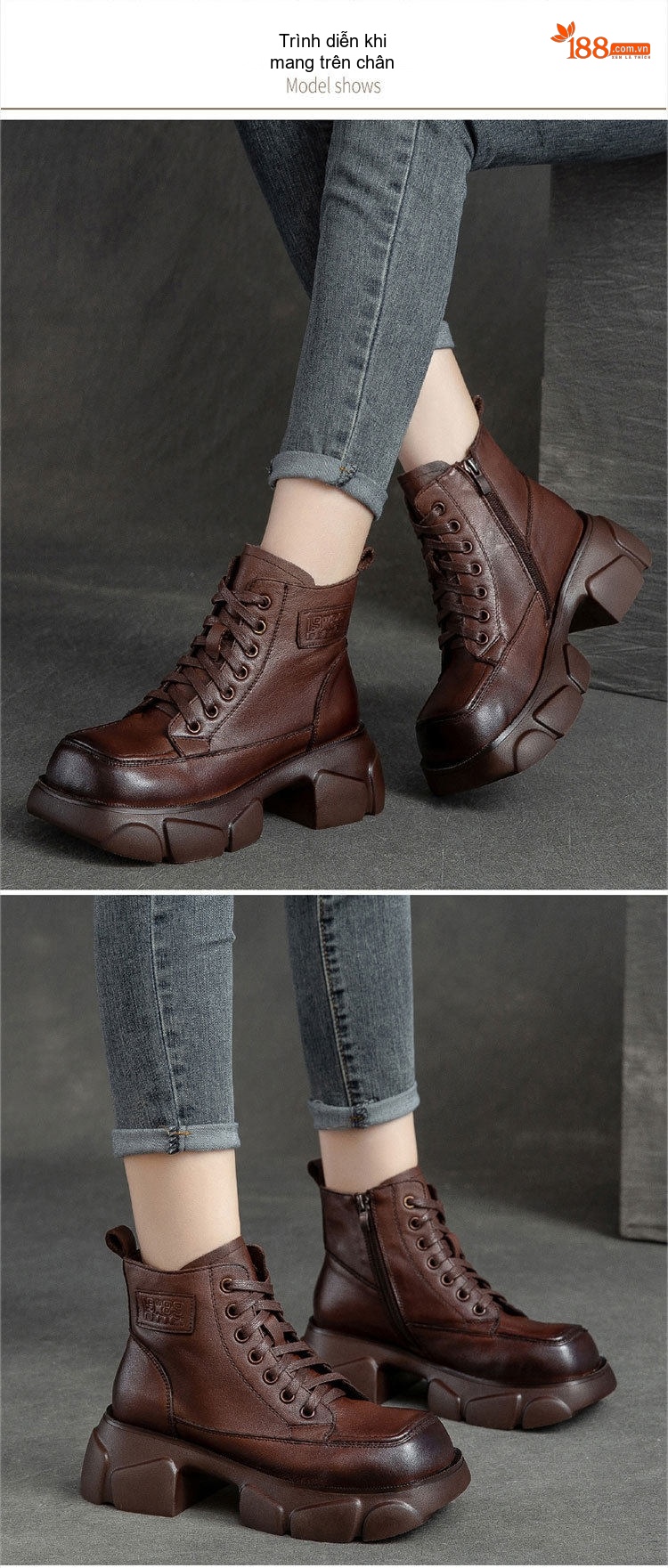 Boot Martin Nữ Da Bò Cổ Cao Đế Bánh Mì Chiều Cao Đế Khoảng 6cm Màu Đen, Nâu chi tiết 8