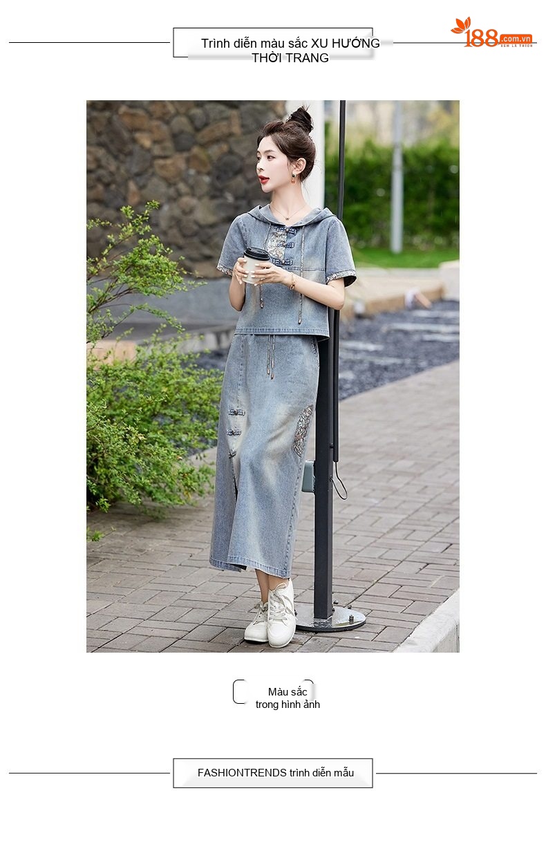 Set Bộ Quần Áo Nữ Phong Cách Trung Hoa Cổ Điển Áo Hoodie Tay Ngắn Chân Váy Jean Dáng Dài Thêu Họa Tiết chi tiết 13