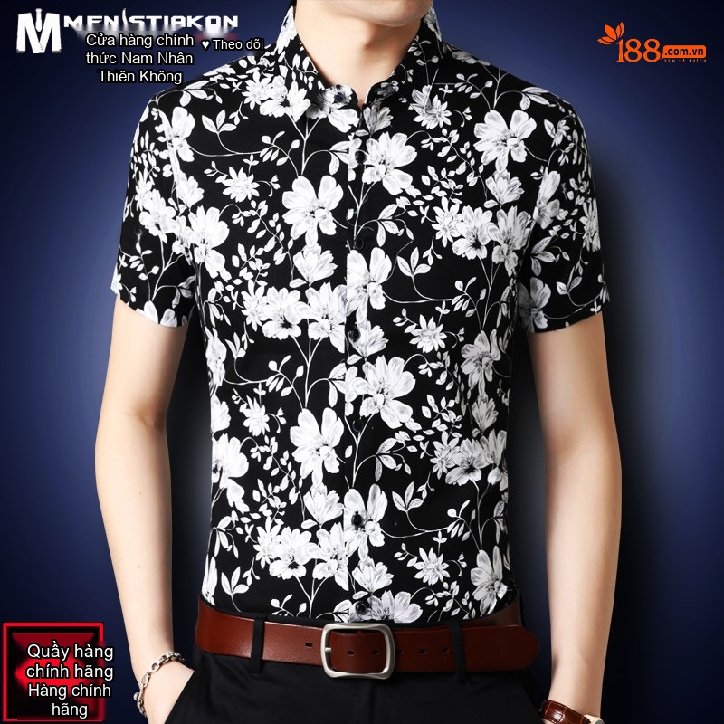 Áo Sơ Mi Tay Ngắn Nam Cotton Họa Tiết Hoa Lá Phong Cách Trung Niên Màu Đỏ, Trắng, Đen, Xanh Navy...