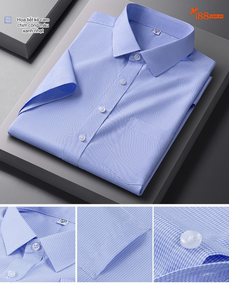 Áo Sơ Mi Nam Cotton Ngắn Tay Dáng Ôm Chống Nhăn Màu Trắng, Xanh Dương, Tím, Xám... chi tiết 29