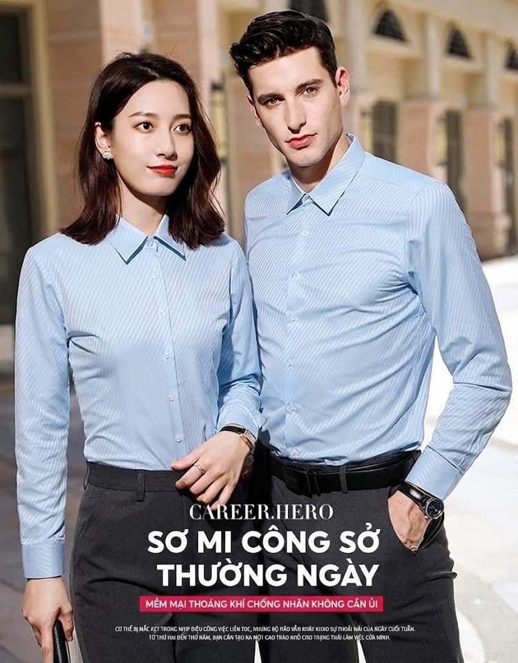 Áo Sơ Mi Dài Tay Nam Nữ Không Nhăn Phong Cách Công Sở Thêu Logo Màu Trắng, Xanh chi tiết 2